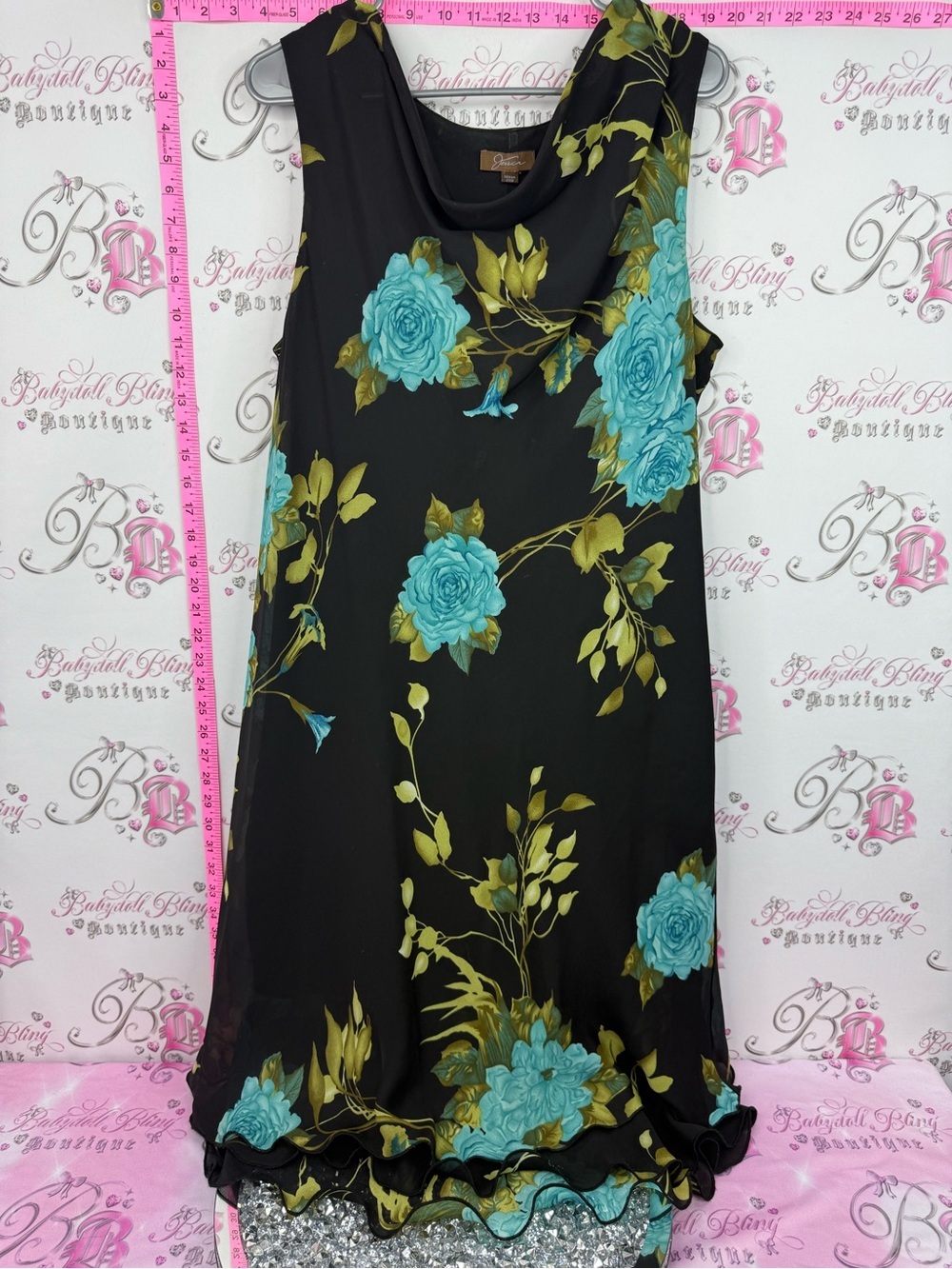 Jessica Black Midi Dress with Teal Floral Print